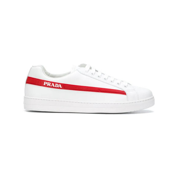 Prada Band White Red Stripe Logo Lace Up Tie Flat Low Top Trainer Sneaker 36.5 - Picture 3 of 16